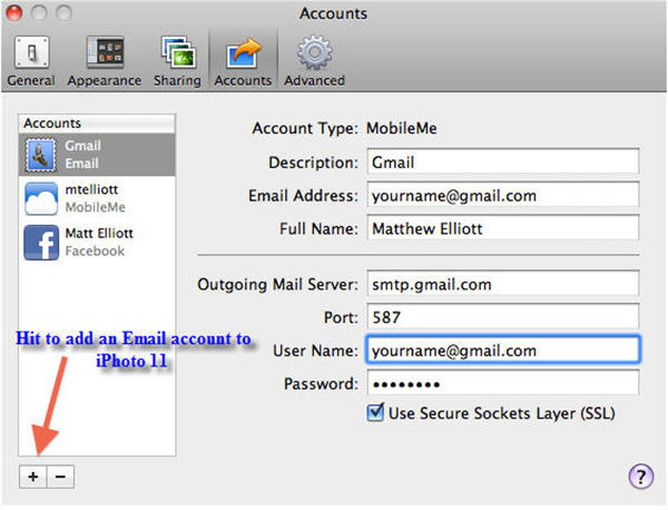 Add an eMail Account to iPhoto 11