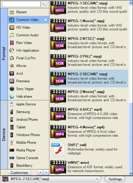 Select MP4 output format